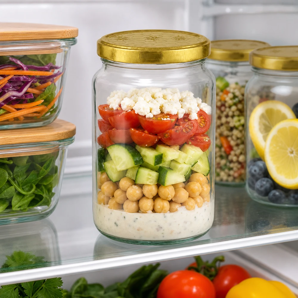 795ml Verre rond avec couvercle BasicSeal nid d'abeilles UNiTWIST Pot rond de 795 ml avec couvercle doré pour la salade Meal Prep au réfrigérateur - parfait pour les provisions