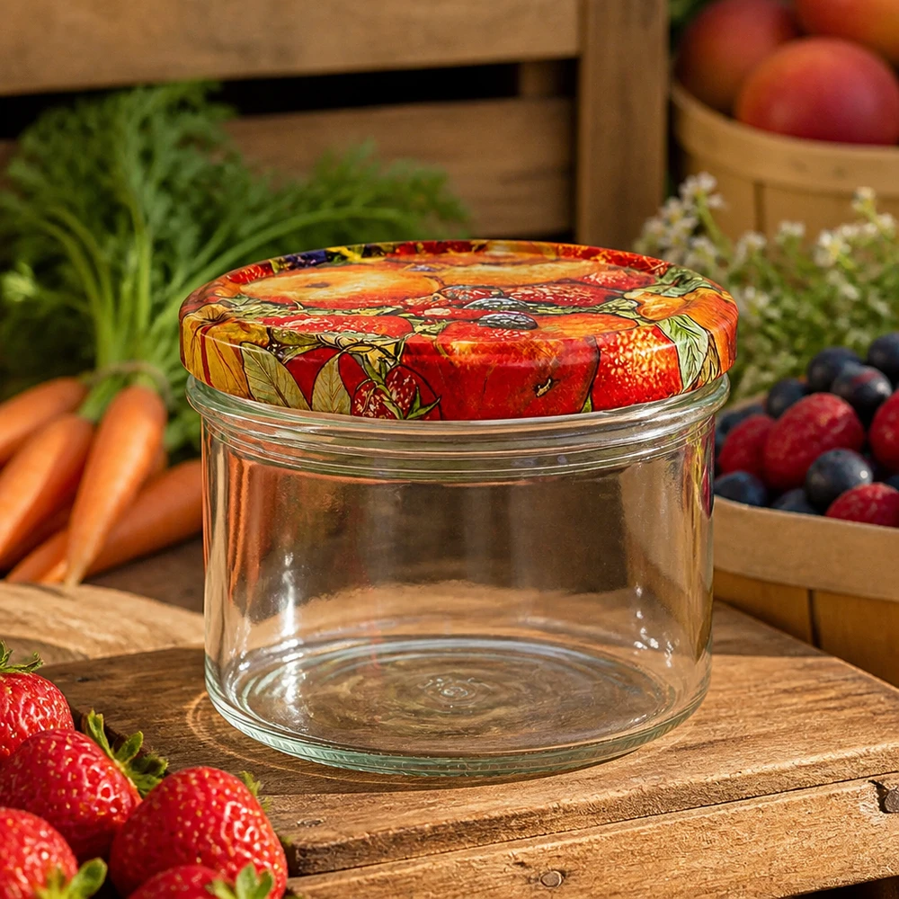 225 ml verre renversé décor fruits sur planche en bois avec baies fraîches, carottes et pommes pour une conservation naturelle