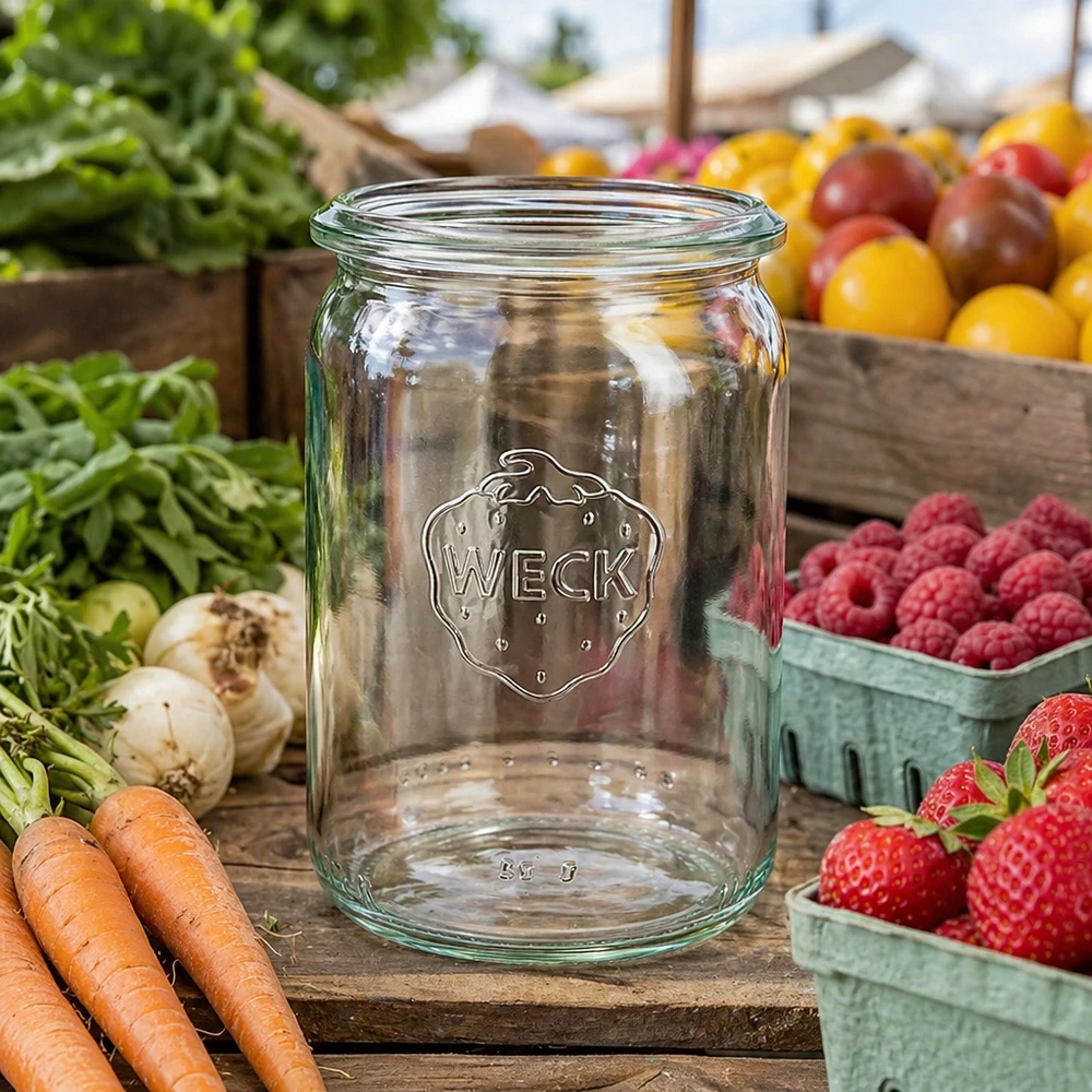 145ml bocal cylindrique WECK RR40 WECK RR40 Pot cylindrique 145ml présenté sur un stand de marché parmi des carottes fraîches, des fraises, des framboises et des légumes multicolores.