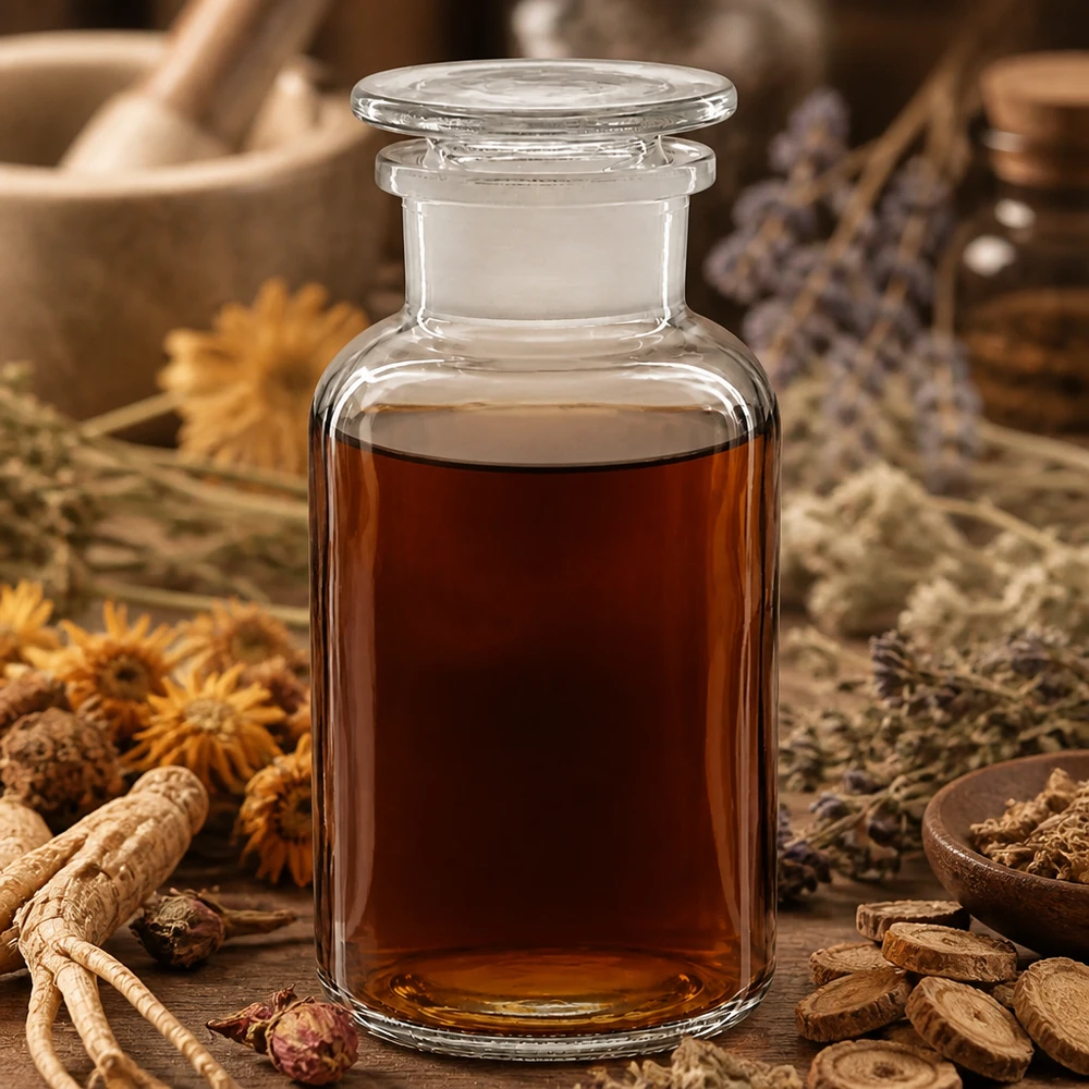 Flacon de pharmacie transparent de 500 ml à col large, muni d'un bouchon en verre et entouré d'herbes médicinales séchées