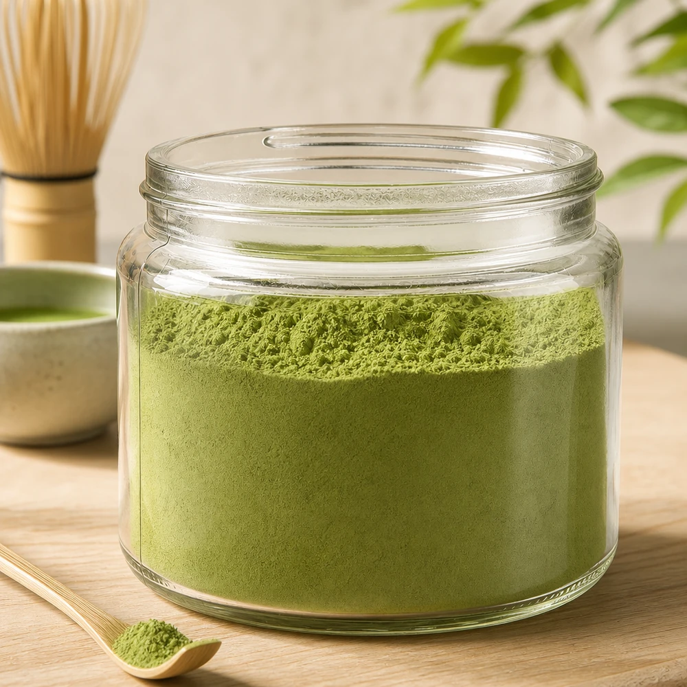 Pot en VERRE clair 250 ml, filetage 83 mm / R3 Pot en verre 250ml clair rempli de poudre de Matcha vert à côté d'un fouet en bambou sur une table en bois Préparation du thé