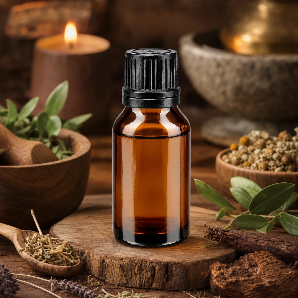 Herbes aromatiques et flacon de pharmacie brun de 15 ml muni d'un bouchon compte-gouttes noir sur socle en bois