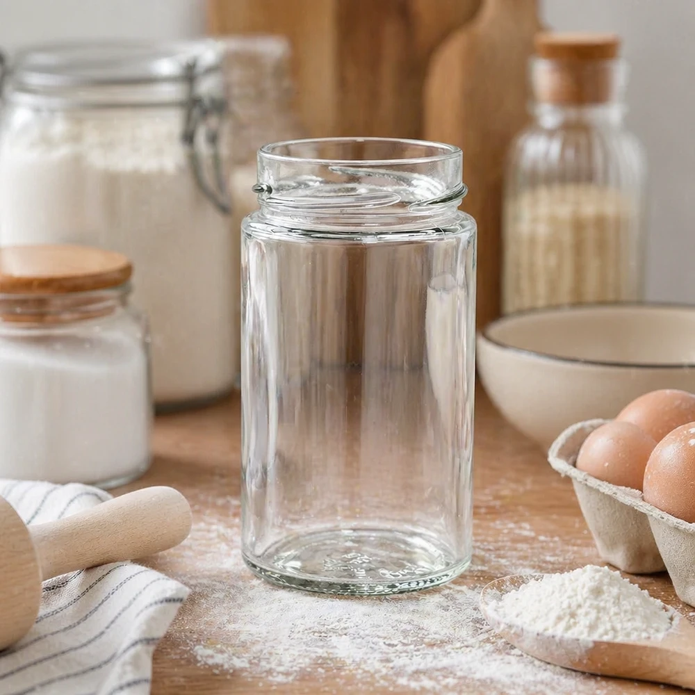 Leeres Rundglas 245ml in Küche mit Kochzutaten - UNiTWIST Einmachglas für Vorratshaltung und Dekoration
