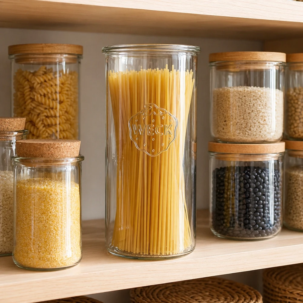 Bocal en verre WECK RR100 de 1 500 ml Pot de 1500ml WECK RR100 rempli de spaghettis dans un placard à provisions organisé à côté d'autres bocaux