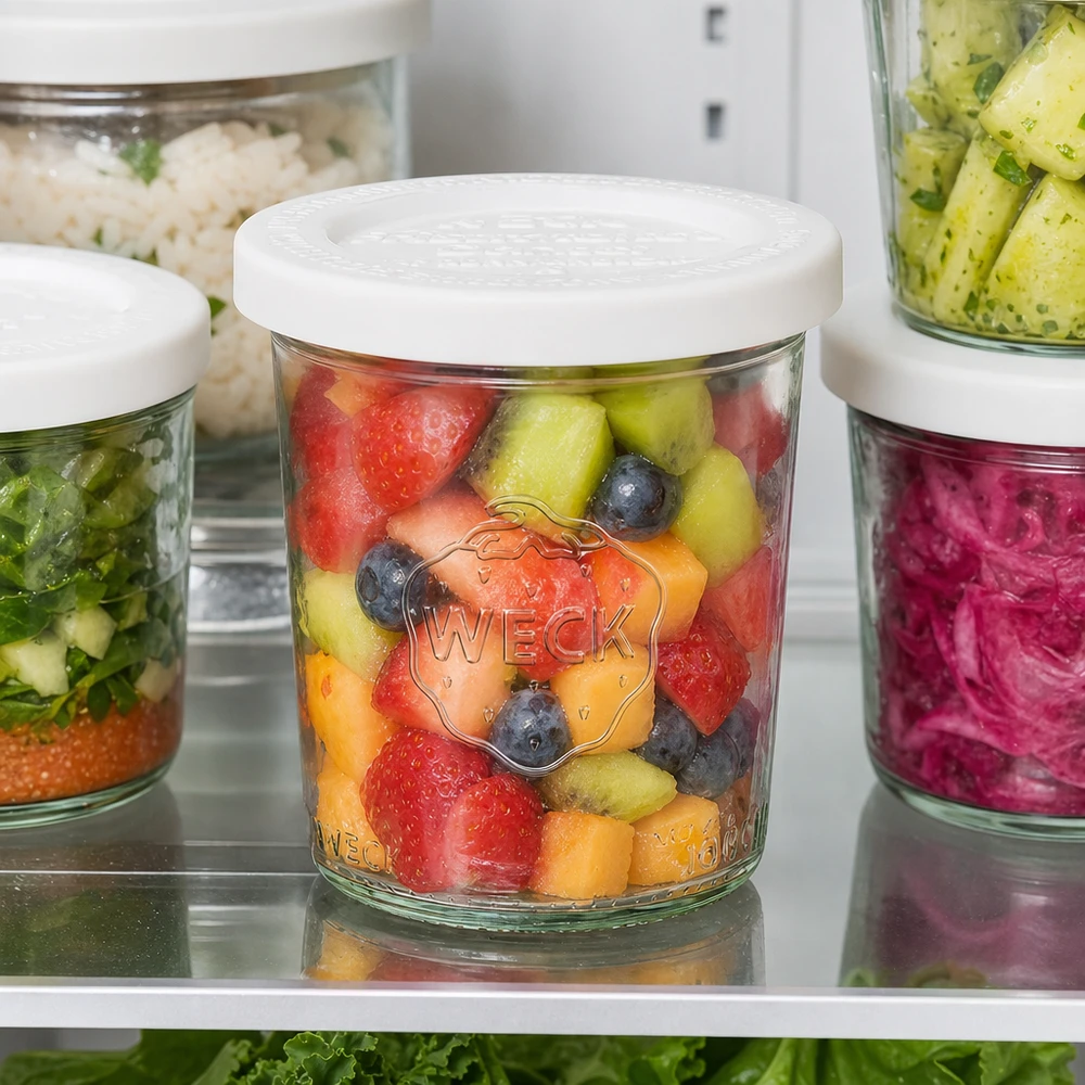 Bocal en verre de 160 ml avec couvercle hermétique WECK RR60 WECK Pot renversé de 160ml RR60 avec salade de fruits colorés dans le réfrigérateur - Meal Prep Container pour fruits frais