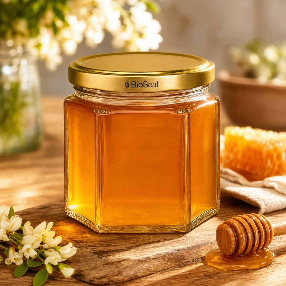 47ml Verre hexagonal avec couvercle BioSeal or UNiTWIST Pot à miel UNiTWIST Hexa47 de haute qualité avec fermeture BioSeal dorée à côté des rayons de miel et de la cuillère à miel