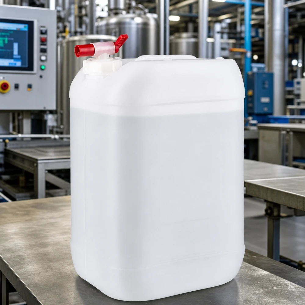 Jerrican de 25 litres avec robinet Bidon rectangulaire de 25 litres muni d'un robinet, dans une usine de production industrielle