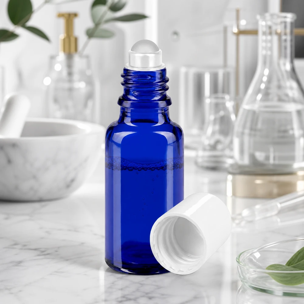 Flacon de pharmacie bleu 20ml Roll-On bouchon blanc Flacon roll-on ouvert de 20 ml en verre de pharmacie bleu, avec une bille transparente posée sur du marbre