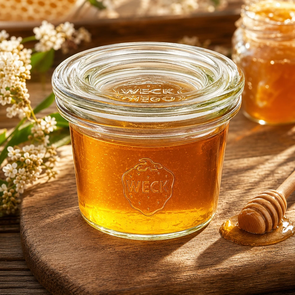 WECK Pot renversé 35ml RR40 rempli de miel entre des fleurs sur une planche en bois montre une utilisation naturelle