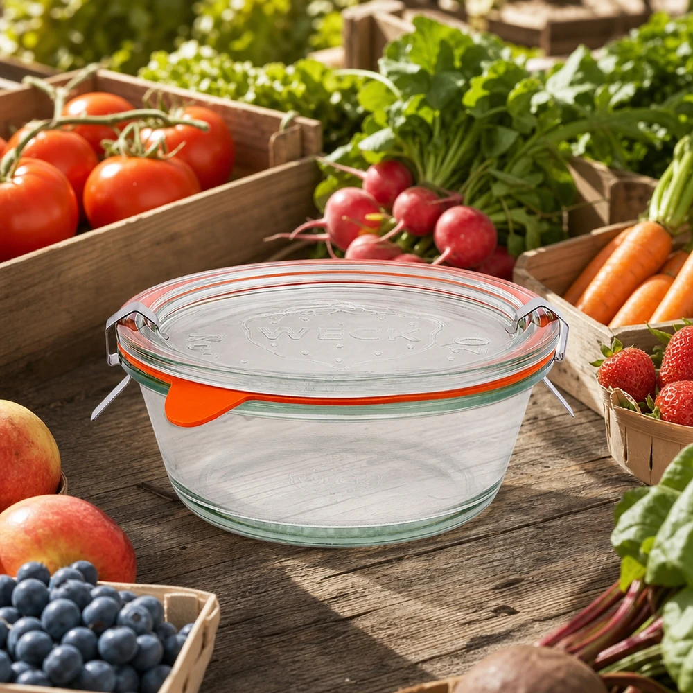 WECK Bocal Gourmet 300ml RR120 entouré de légumes frais du marché dans des caisses en bois, conservation durable du verre