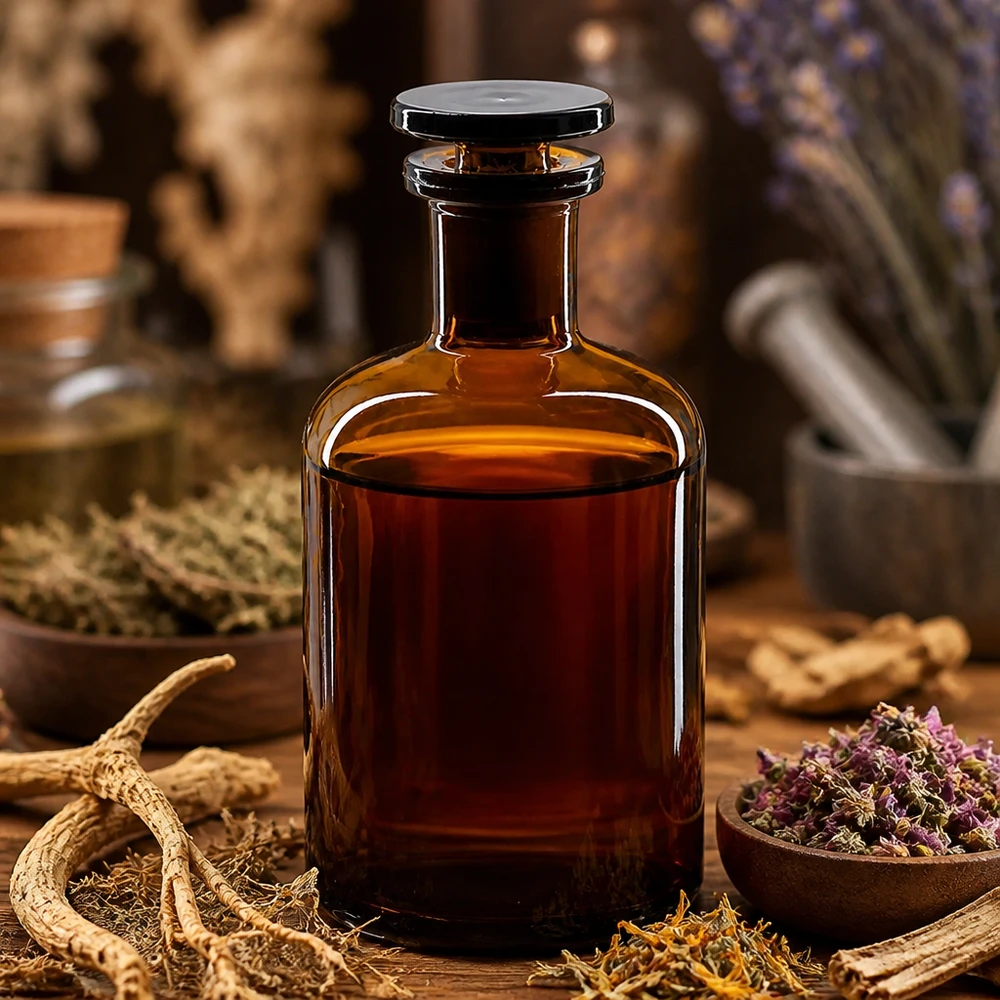 Flacon à épaules arrondies de 100 ml, de couleur marron, muni d'un bouchon en verre et entouré d'herbes médicinales et de racines séchées