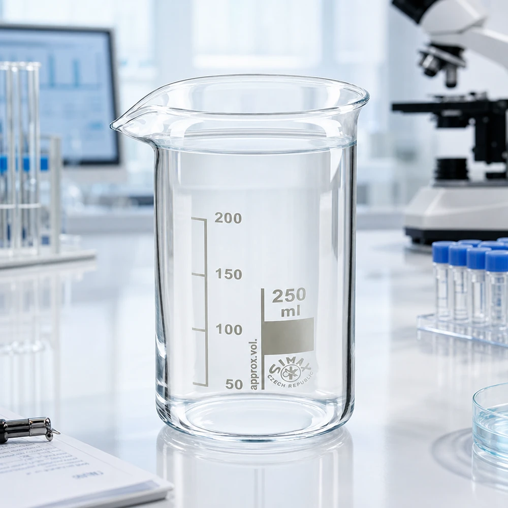Bécher 250ml en verre borosilicate résistant à la chaleur (forme haute) Bécher de laboratoire transparent de 250 ml, modèle haut, en verre borosilicaté SIMAX, avec graduation blanche