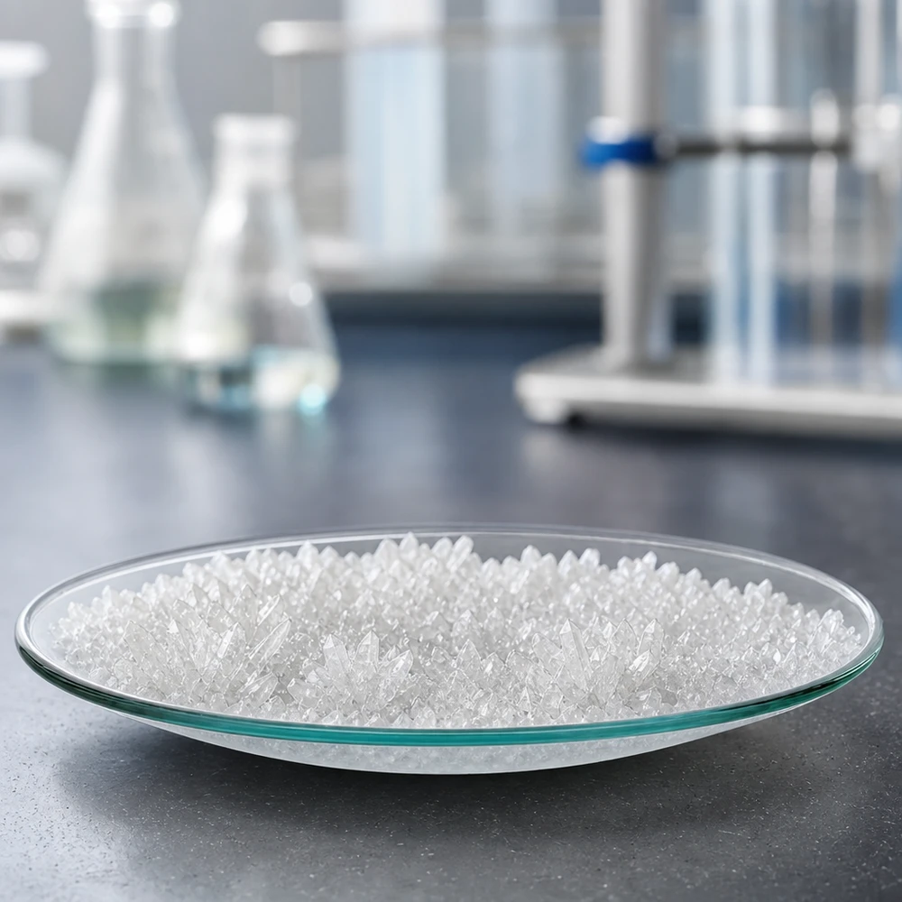 Verre de montre 60 mm - verre borosilicate 3.3 - bord fondu Bol en verre rond 60mm rempli de cristaux blancs dans un environnement de laboratoire professionnel