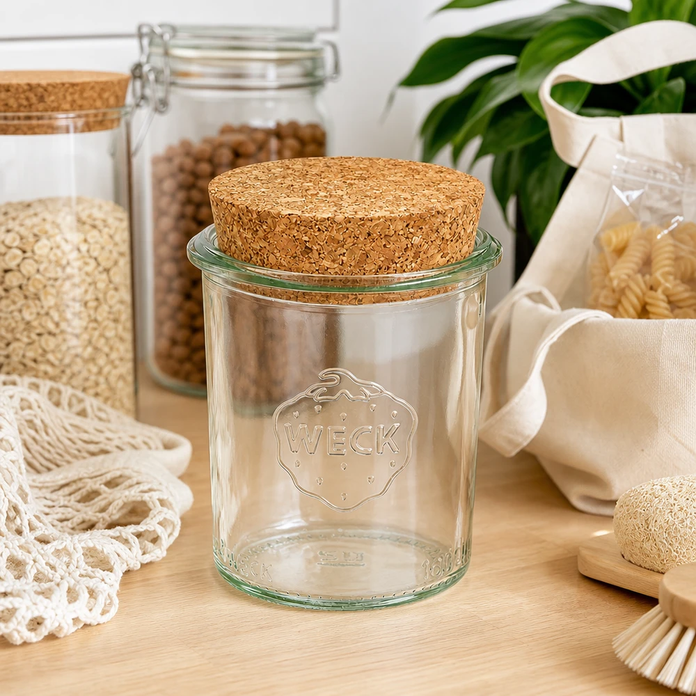 WECK Bocal à provisions 160ml RR60 avec couvercle en liège dans la cuisine durable Zero-Waste entre les bocaux à provisions et les textiles naturels