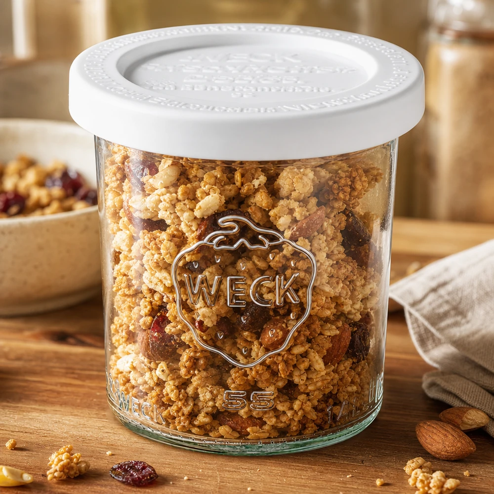 Bocal en verre de 140 ml avec couvercle hermétique WECK RR60 WECK Pot renversé 140ml RR60 rempli de céréales et de noix - pot de conservation polyvalent pour aliments secs