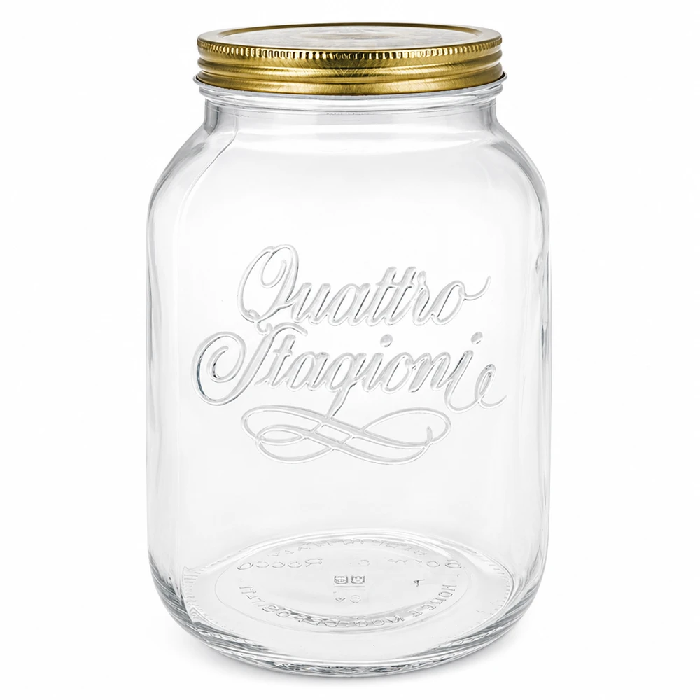 3000ml verre rond « Quattro Stagioni » avec couvercle Verre rond vide Quattro Stagioni de 3000 ml avec couvercle à visser doré et logo en relief sur fond blanc