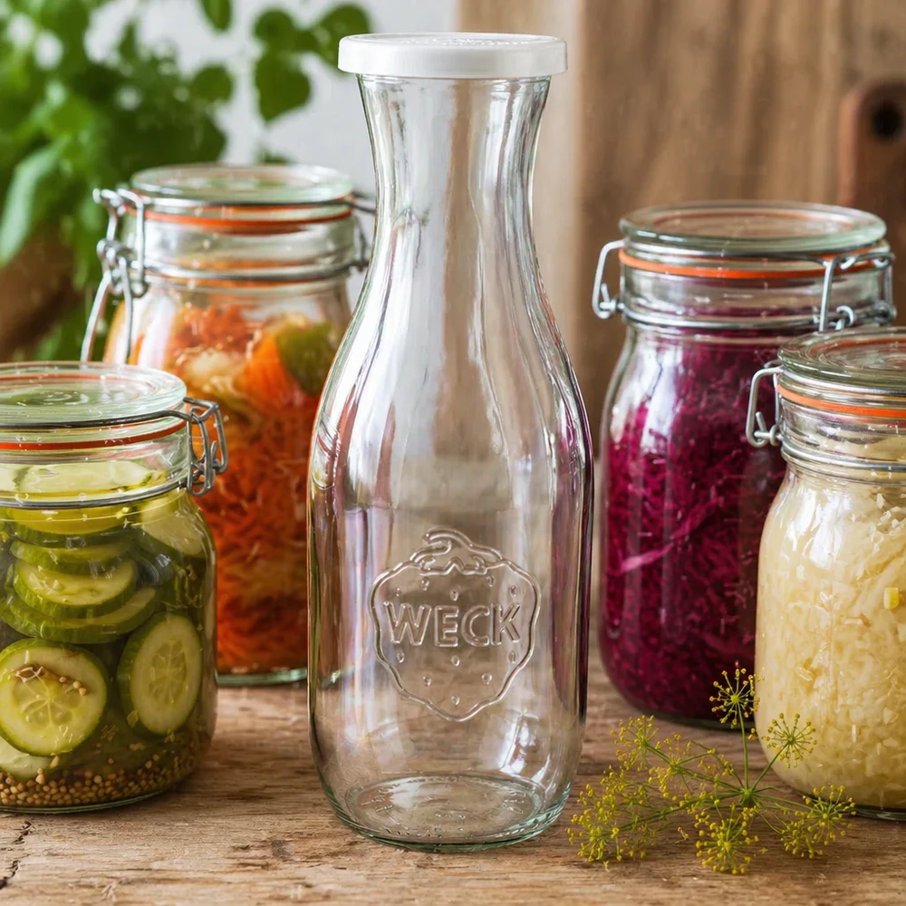 Bouteille à jus de 1 062 ml avec couvercle fraîcheur WECK RR60 WECK Saftflasche 1062ml mit Frischedeckel als stilvolle Dekoration zwischen bunten Einmachgläsern mit eingelegtem Gemüse