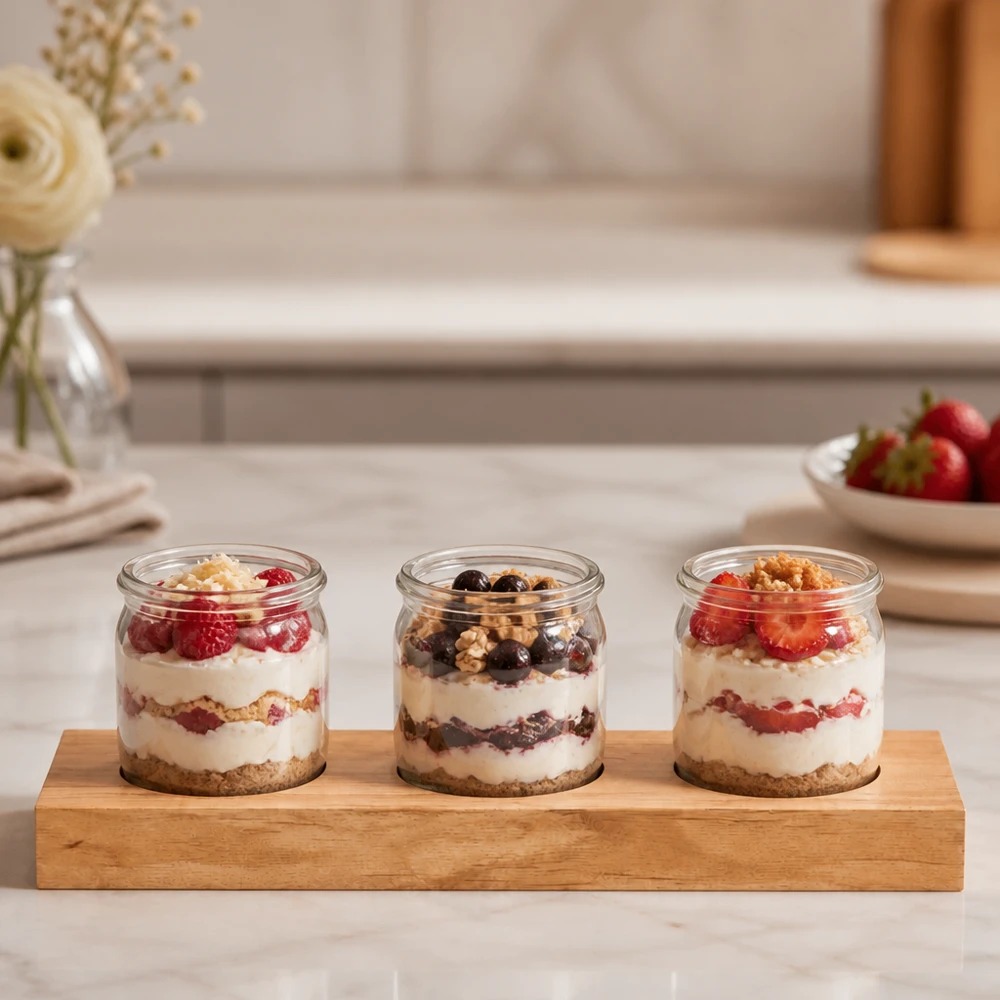 Plateau de service Plano3 pour 3 bocaux WECK Planche de service Plano3 avec trois verres WECK remplis de yaourts à dessert et de baies sur un comptoir de cuisine en marbre