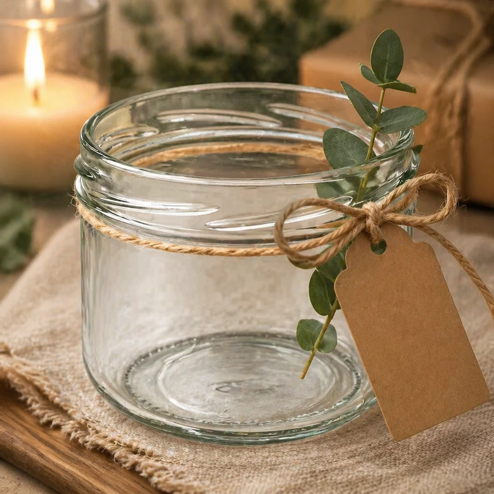 UNiTWIST Sturz260 Pot rond 260ml TO82 Pot de conserve vide avec étiquette en ruban de jute et décoré d'eucalyptus