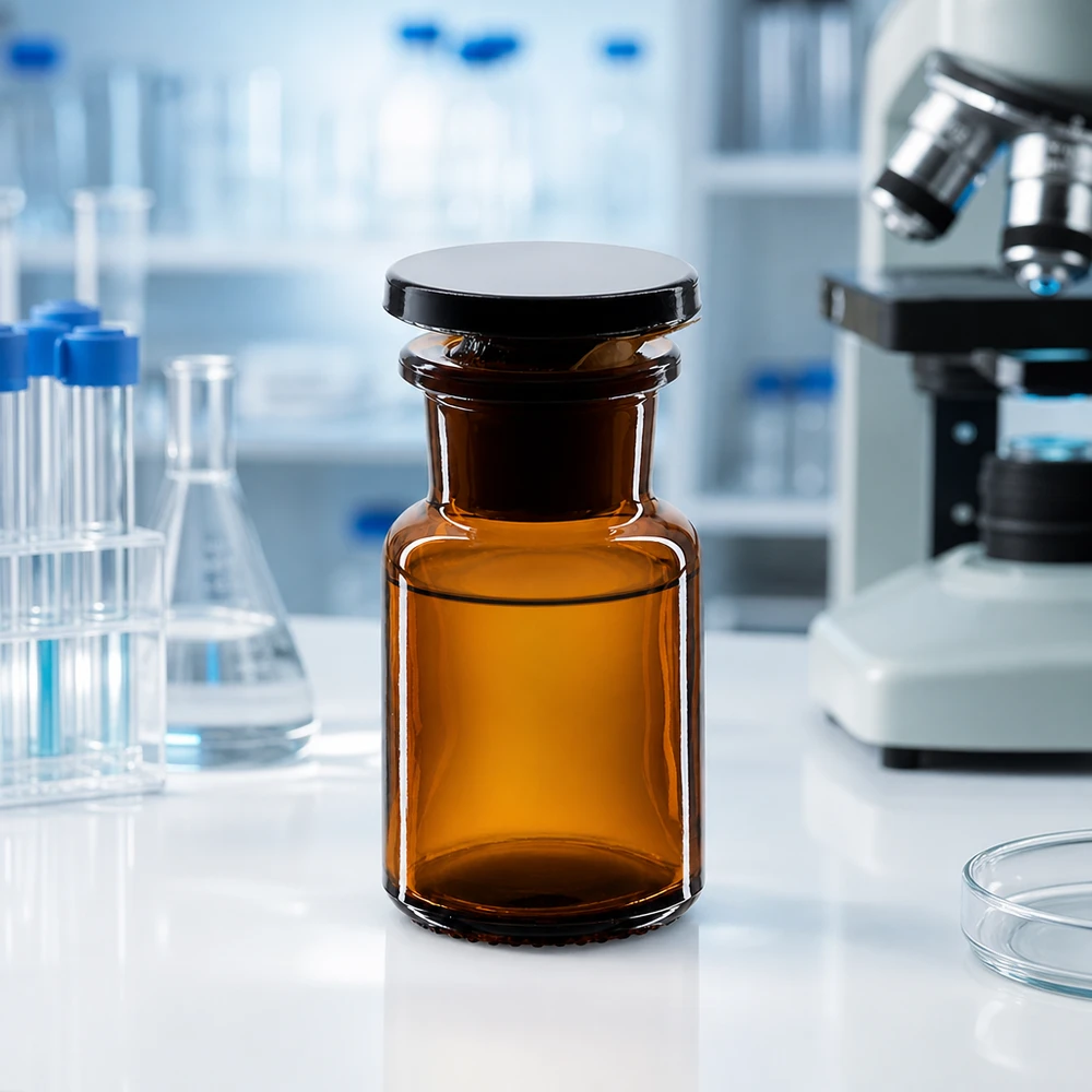 Flacon pharmaceutique 50 ml col large + bouchon verre ambré Flacon opac若 50 ml à col large avec bouchon en verre, destiné à un usage professionnel en laboratoire