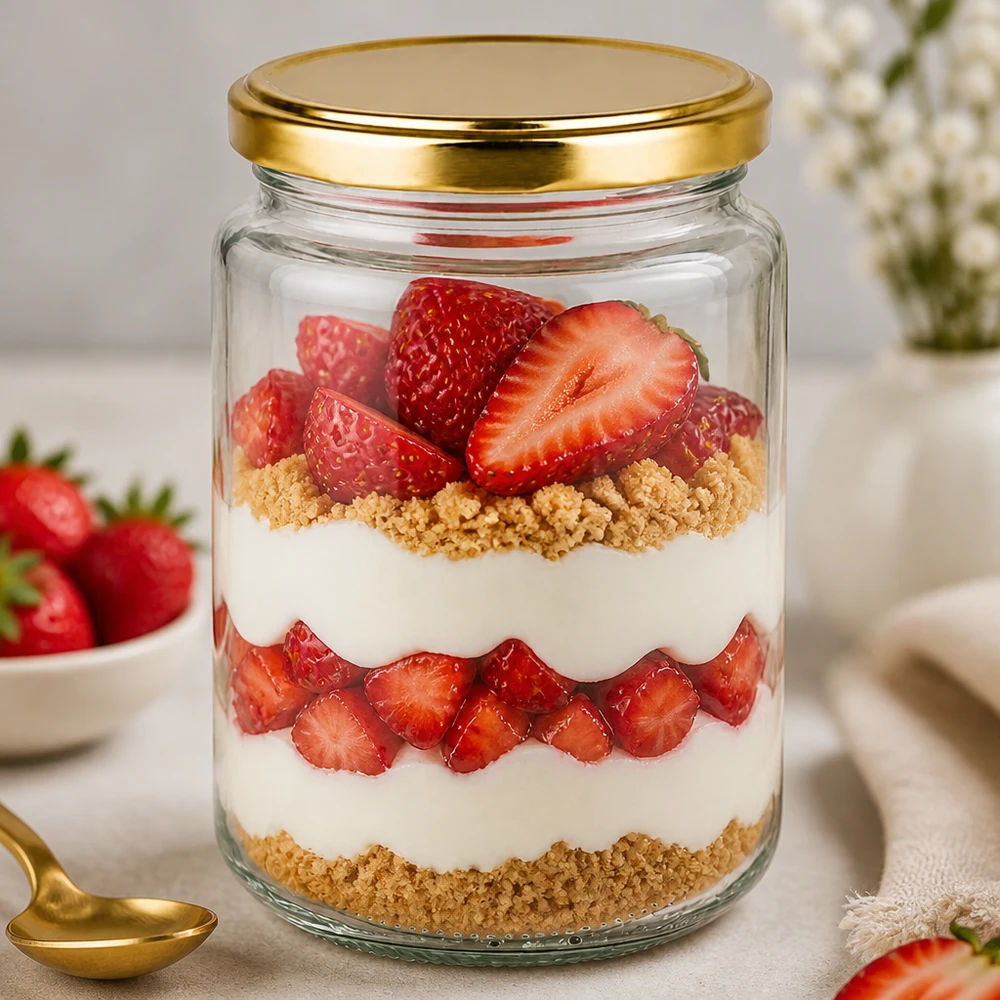 382ml Verre rond avec couvercle BasicSeal or UNiTWIST Verre rond de 382 ml avec couvercle doré comme verre à dessert avec des fraises et des miettes de biscuits dans une cuisine élégante
