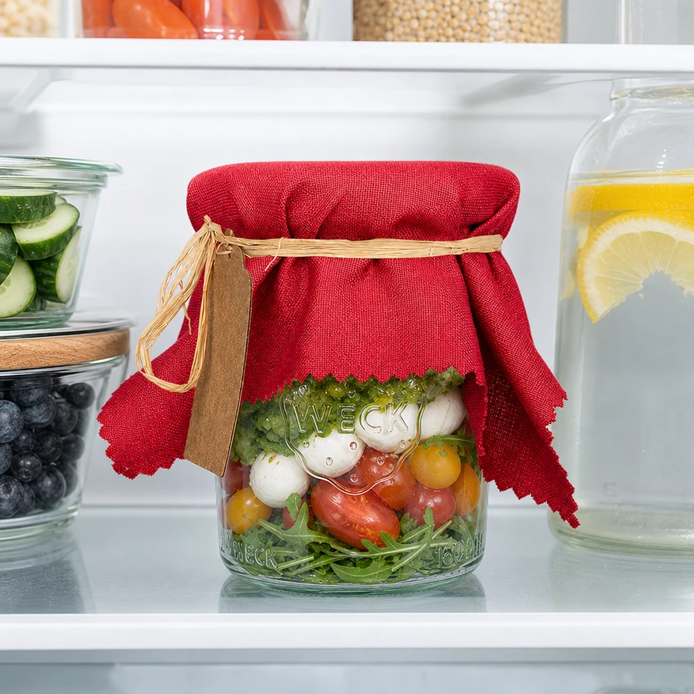 Cache-bijoux en tissu bordeaux 15cm carré sur un bocal de salade de légumes dans le réfrigérateur à côté des concombres et de l'eau citronnée