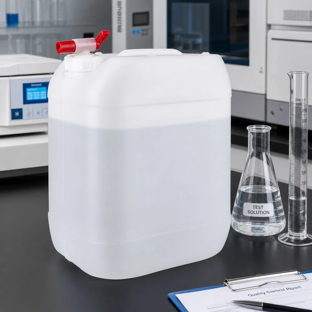 Bidon blanc vide de 20 litres muni d'un robinet rouge, posé sur un plan de travail de laboratoire noir