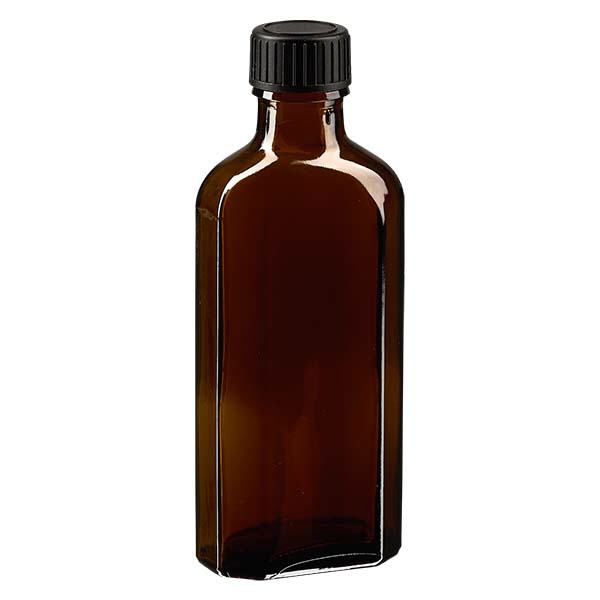 Flasque brune de 100 ml au goulot DIN 22, avec bouchon à vis DIN 22 noir au joint LKD Flasque brune de 100 ml au goulot DIN 22, avec bouchon à vis DIN 22 noir au joint LKD