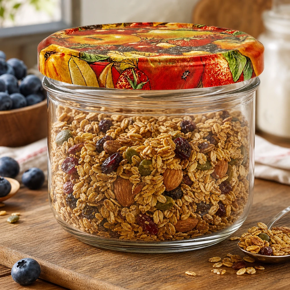 260ml Verre conique avec couvercle BasicSeal décor fruits UNiTWIST Pot de 260 ml avec couvercle à fruits rempli de céréales et de noix comme récipient de stockage dans la cuisine