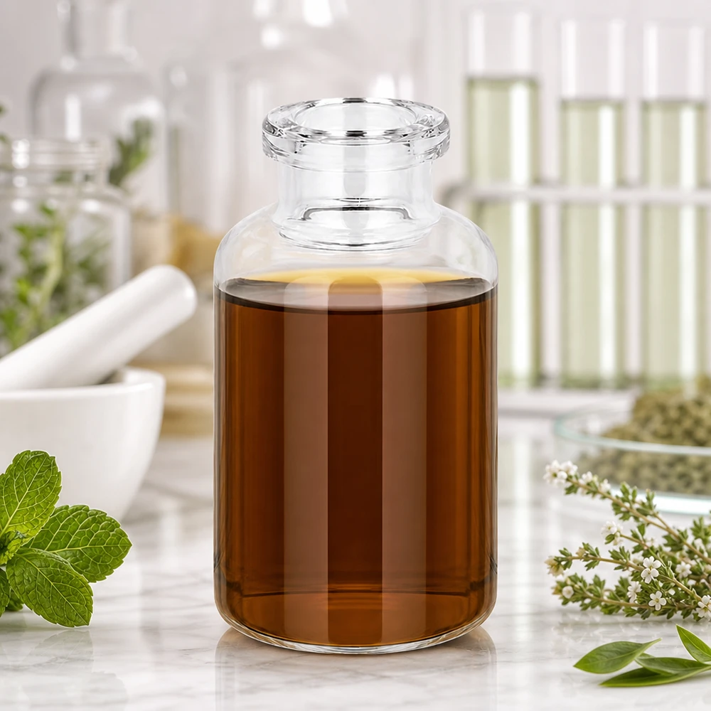 Flacon pour solution injectable, 20 ml en verre clair Injektionsflasche 20ml Klarglas mit dunkelbraunem Pflanzenextrakt und Minze Thymian Dekoration