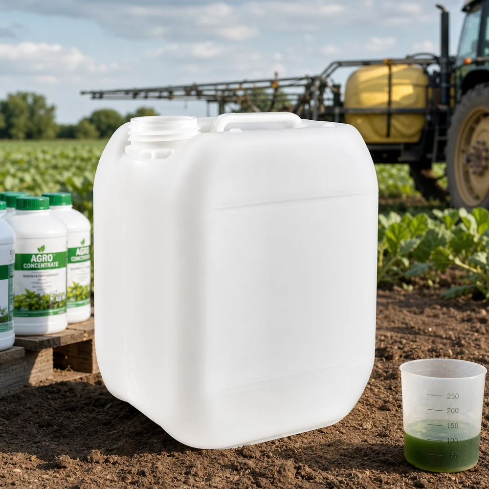 Jerrican de 5 litres sans bouchon Bidon de 5 litres sans bouchon utilisé dans le secteur agricole, à côté des bouteilles d'Agro Konzentrat