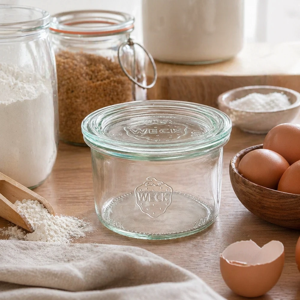 200ml bocal conique avec bouchon en verre WECK RR80 WECK Bocal 200ml RR80 avec couvercle en verre dans la cuisine rustique entre les ingrédients de cuisson, la farine, les œufs et les bocaux à provisions.