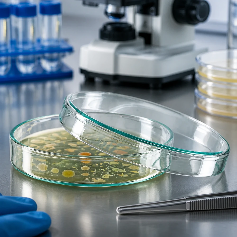 Boîte de Petri en verre sans compartiments, 100x20mm Boîte de Pétri en verre de 100 x 20 mm contenant des cultures bactériennes sur un milieu de culture, dans un laboratoire de microbiologie