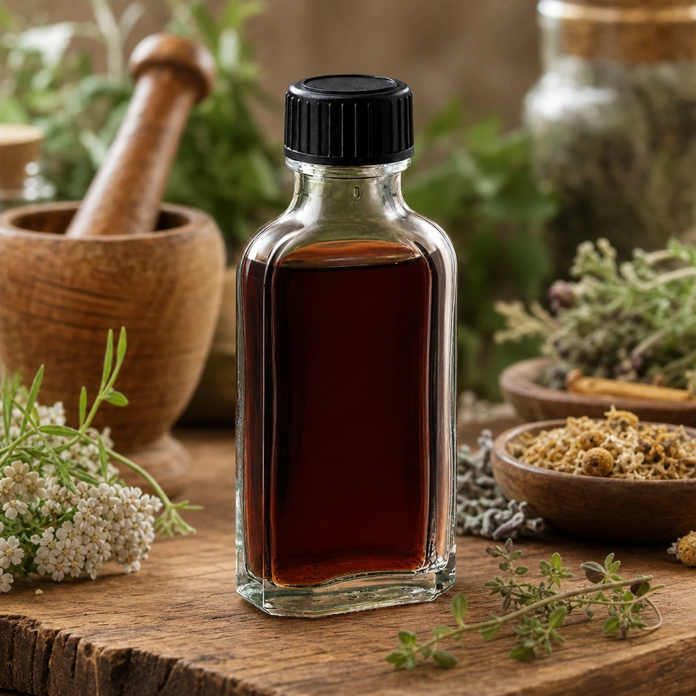 Flacon en verre Meplat plat de 50 ml avec bouchon à vis noir, entre des herbes fraîches et un mortier en bois