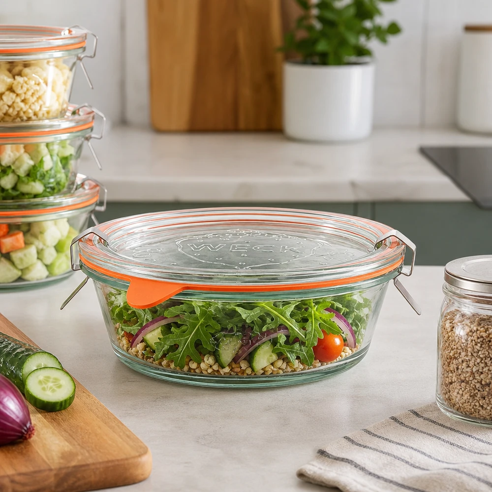 WECK Pot Gourmet 300ml RR120 rempli de salade fraîche sur le plan de travail de la cuisine, conteneur Meal Prep en verre
