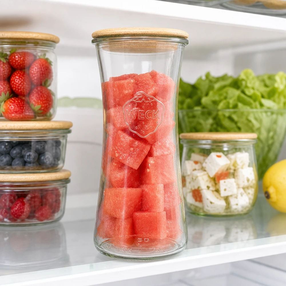 700ml bocal à gourmandises WECK RR80 avec couvercle en bois WECK Pot à provisions 700ml RR80 rempli de pastèque au réfrigérateur entre les baies fraîches et la salade