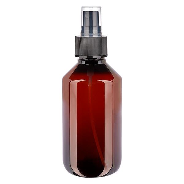 Flacon médical de 200 ml en PET, avec spray noir GCMI 28/410 et capuchon transparent standard Flacon médical de 200 ml en PET, avec spray noir GCMI 28/410 et capuchon transparent standard