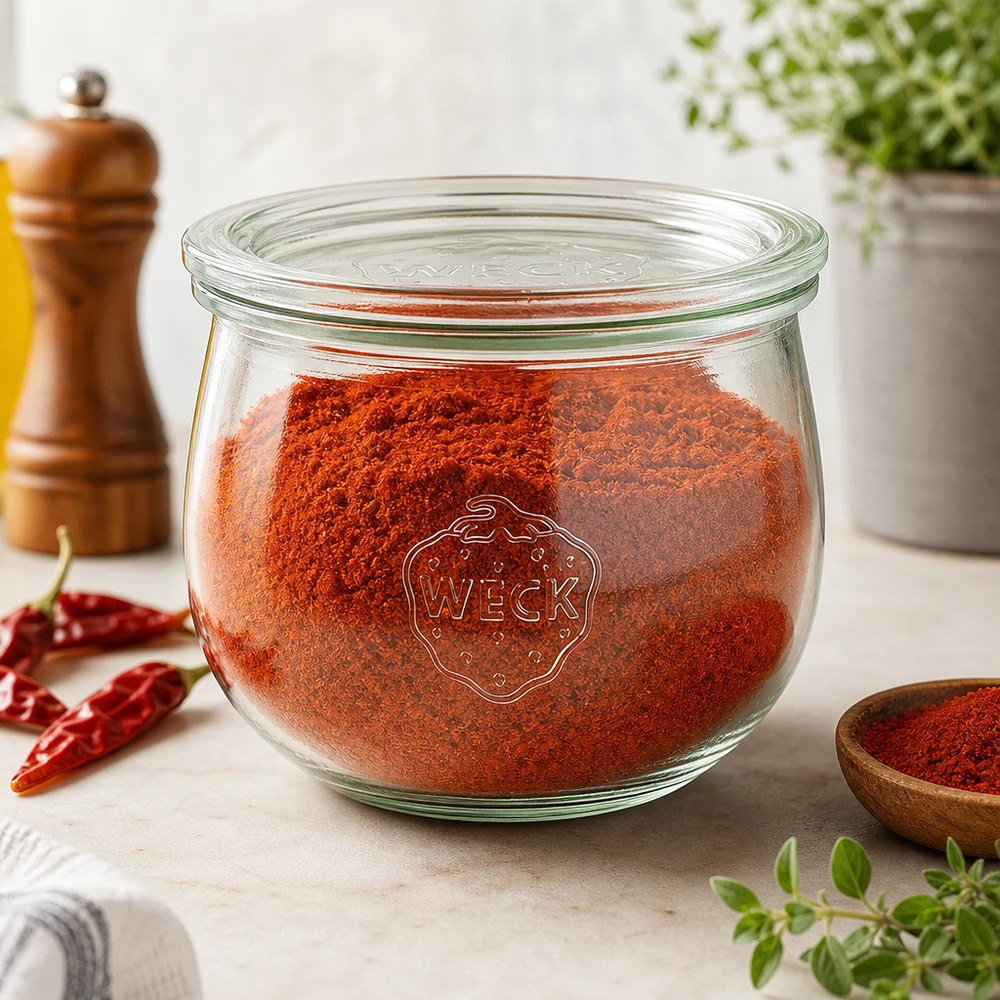 580ml bocal tulipe avec bouchon en verre WECK RR100 WECK Tulpenglas 580ml RR100 mit rotem Paprikapulver gefüllt als stilvolle Gewürz-Aufbewahrung in der Küche