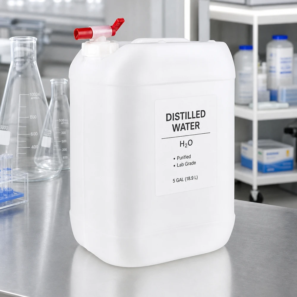 Bidon de 25 litres d'eau distillée muni d'un robinet, posé sur une table en acier inoxydable dans le laboratoire