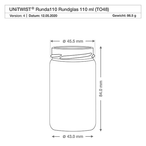 Dessin technique UNiTWIST Runda110 verre rond 110ml TO48 avec dimensions 45,5mm diamètre et 84mm hauteur