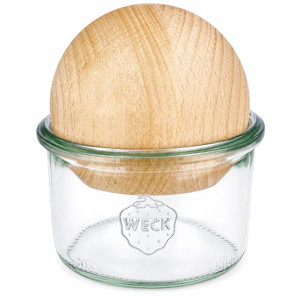 WECK Pot renversé 200ml RR80 avec boule en bois de hêtre comme couvercle, verre clair avec logo WECK, pot de conservation durable