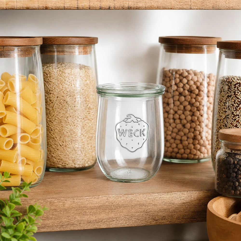 WECK Bocal tulipe 1062ml Organisation des provisions Armoire de cuisine Pantry rempli de pâtes Riz Légumineuses Étagère en bois