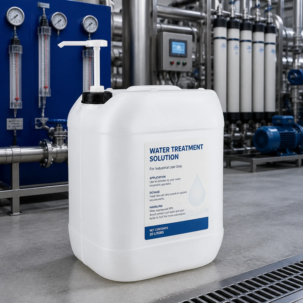 Bidon blanc de 20 litres avec pompe doseuse pour le traitement industriel de l'eau dans une installation