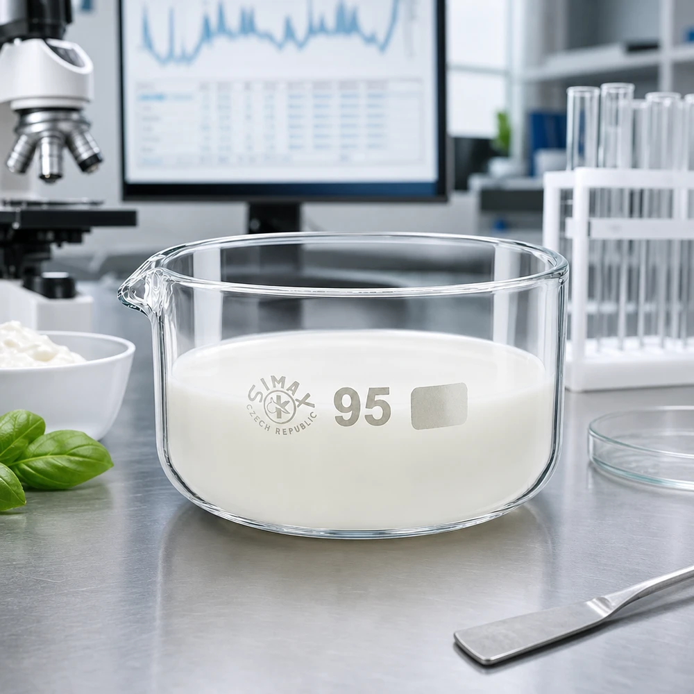 Coupelle de cristallisation 300 ml avec bec verseur Coupelle de cristallisation de 300 ml contenant une substance blanche, pour laboratoire, en verre borosilicaté SIMAX, ø 95 mm, République tchèque