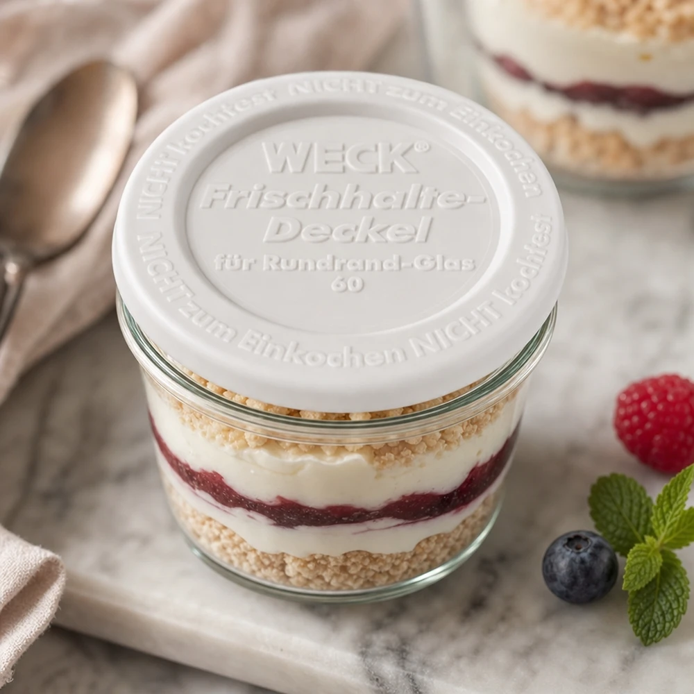 Couvercle fraîcheur WECK RR60 WECK Frischhaltedeckel RR60 Dessertglas Schichtdessert Tiramisu Beeren Mint dekorative Präsentation Küchenstil