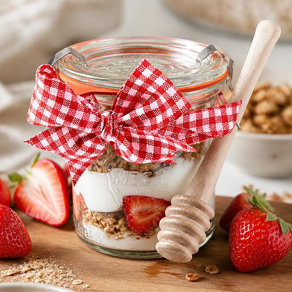 WECK Mini verre renversé 140ml yaourt muesli fraises dessert stratifié cuillère à miel bois vichy ruban rouge blanc