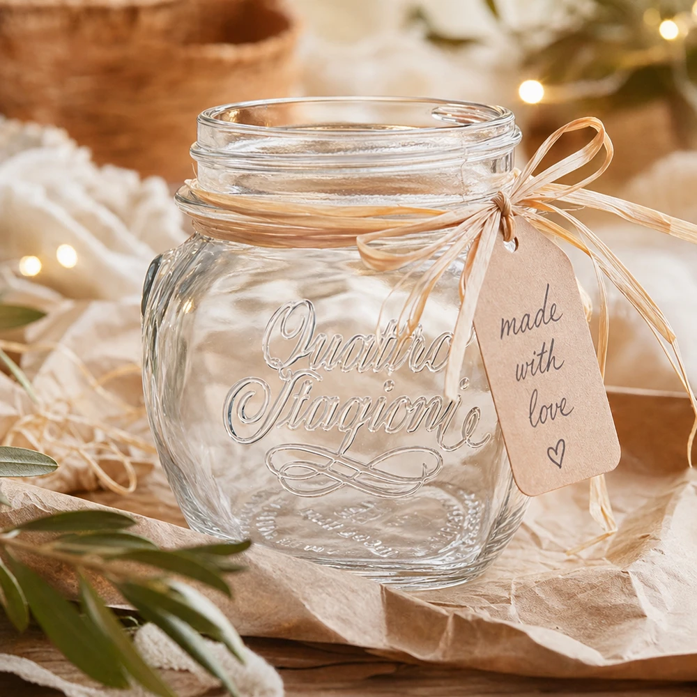 300ml Verre rond "Quattro Stagioni" QS70mm 300ml Quattro Stagioni Verre de ménage avec couvercle et noeud comme emballage cadeau sur table en bois