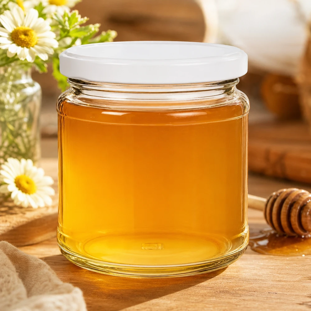 Pot rond de 212 ml avec couvercle BasicSeal rempli de miel doré à côté de cuillères à miel et de fleurs sur fond en bois
