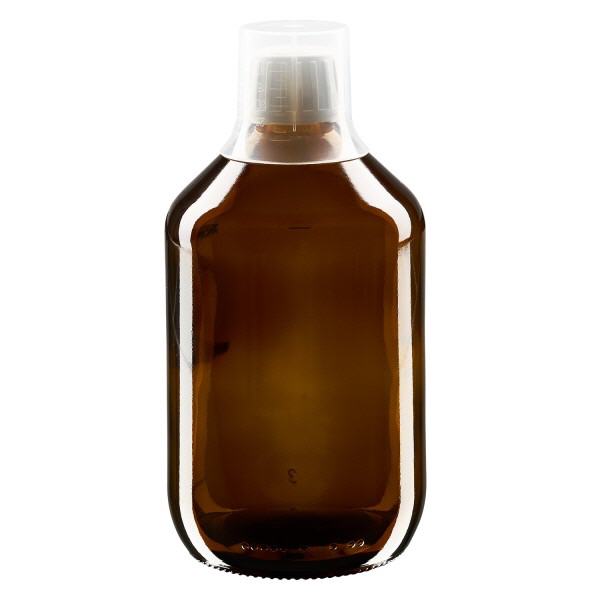 Flacon médical norme européenne de 500 ml, avec bouchon à vis blanc et gobelet doseur de 30 ml