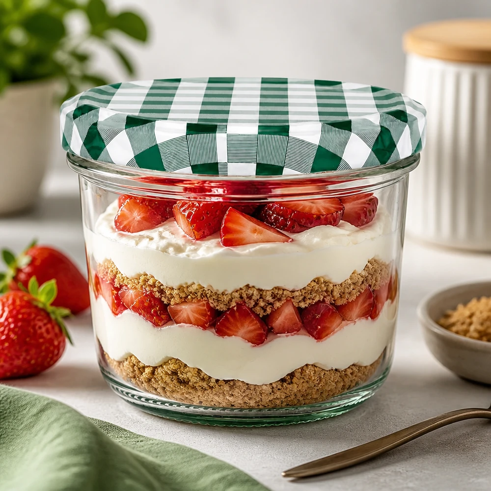 Verre renversé 230ml Verre à dessert Trifle à la fraise Dessert stratifié BasicSeal Couvercle vert et blanc à carreaux Dessert Cuisine